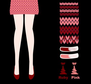 Girl in a knitted skirt below the waist.Samples of patterns for knitting and color palette of pink and ruby clipart svg vector 