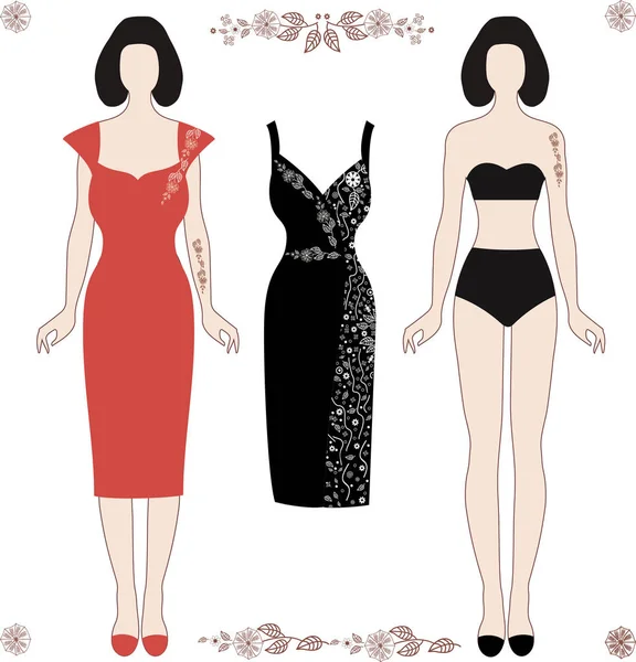 Μια συλλογή από ρούχα για τα κορίτσια. Χρώμα κόκκινο, μαύρο κοράλλι, λευκό διανυσματικά εικονογράφηση — Διανυσματικό Αρχείο