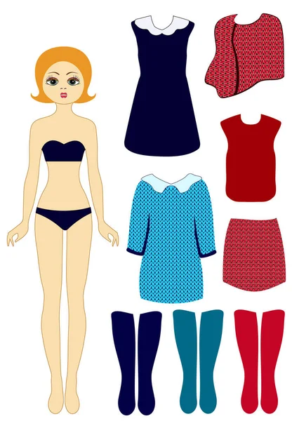 Template paper doll and a beautiful set of clothes for cutting — Stock Vector