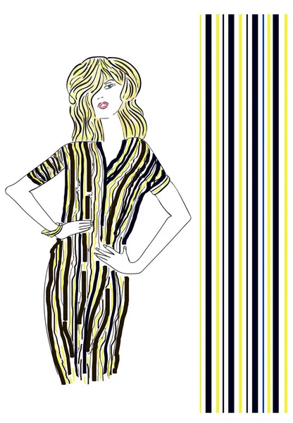 Hermosa chica en un vestido con líneas horizontales. Boceto de moda — Archivo Imágenes Vectoriales