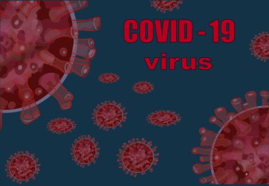 Soyut COVID - 19 virüs poster tasarımı. Antivirüs konsepti. Koyu mavi arkaplanda bir poster için grafik tasarımı. Görsel malzeme. Yazdır 