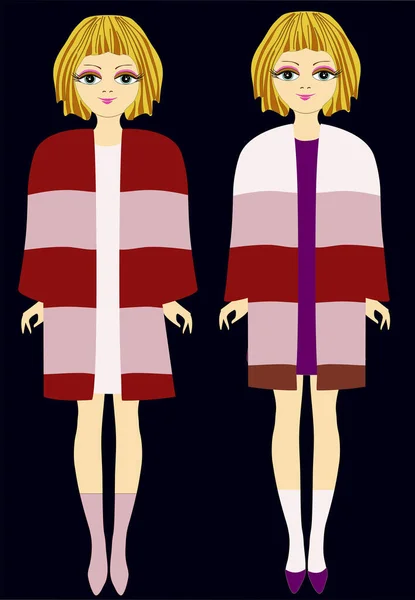 Две Красивые Девушки Модной Одежде Платья Кардиганы Одеты Модели Шаблон — стоковый вектор