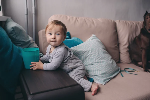 Aranyos boldog 11 hónapos kisfiú játszik otthon, életmód elfog, hangulatos, modern belső tér — Stock Fotó