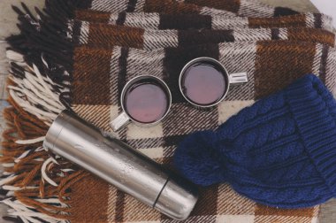 Kış piknik kar üzerinde. Sıcak çay, termos ve kartopu kalp sıcak sıcak battaniye. Mevsimlik açık hava etkinlikleri.