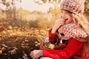 mutlu çocuk kız örgü atkı ve kazak sepeti sonbahar yürüyüş orman yeme elma ile. Sonbaharda hasat, rahat ruh hali.