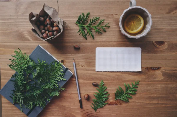 Vista superior de cuaderno y ramas de pino con taza de té con limones —  Fotos de Stock