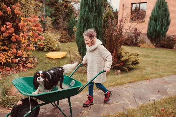 Happy funny child girl riding her dog in wheelbarrow in autumn garden, candid outdoor capture, kids playing with pets — Stock Photo, Image