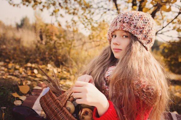 Anak gadis bahagia dengan syal rajutan dan sweater dengan keranjang di musim gugur berjalan di hutan makan apel. Panen musim gugur, suasana hati nyaman . — Stok Foto