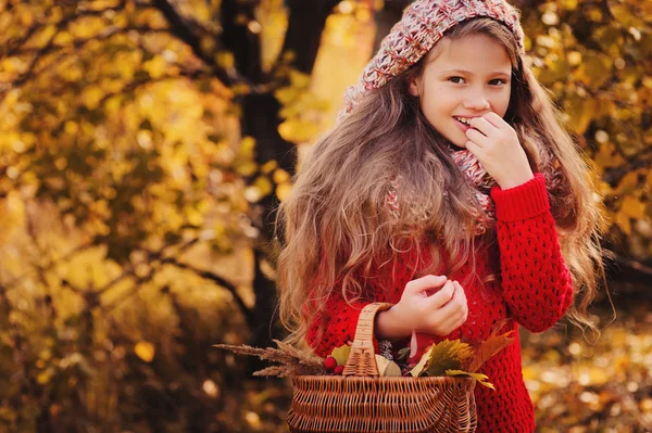 Šťastné dítě dívka svetr s košíkem na podzimní procházka v lese jedl jablka a pletená šála. Podzimní sklizeň, příjemné nálady. — Stock fotografie