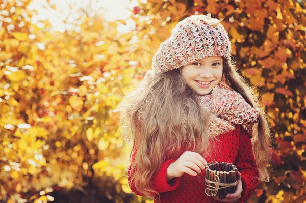Menina feliz no outono passeio na floresta com jarra rústica artesanal — Fotografia de Stock