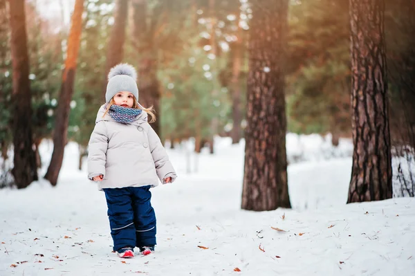 Vinter porträtt av söt baby flicka promenader utomhus i snöiga skogen i varma outfit — Stockfoto