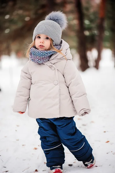 Winter portret van schattige babymeisje buiten wandelen in besneeuwde woud in warme outfit — Stockfoto