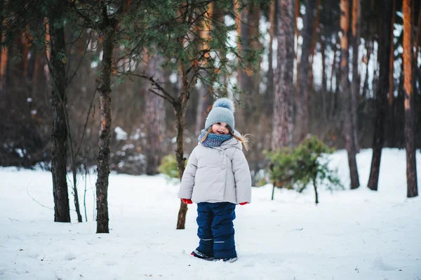 Carino felice bambina a piedi nella foresta invernale — Foto Stock