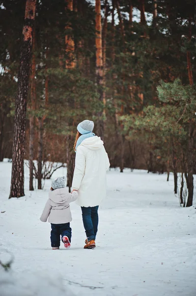 Winter portrait of cute baby girl in oversize grey knitted scarf walking in snowy forest — Stock Photo, Image