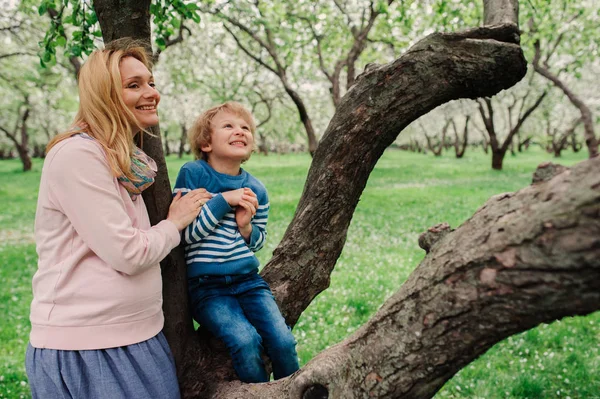 Jarní portrét happy těhotná matka těší teplý den se synem dítě v kvetoucí zahradě apple — Stock fotografie