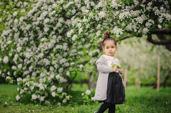 Schattig dromerige peuter kind meisje lopen tijdens de bloei lente Tuin, vieren Pasen buiten — Stockfoto
