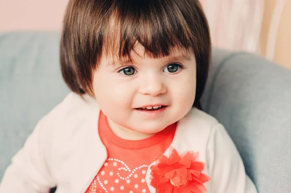 Close up indoor portrait of cute happy 1 year old baby girl — Stock Photo, Image