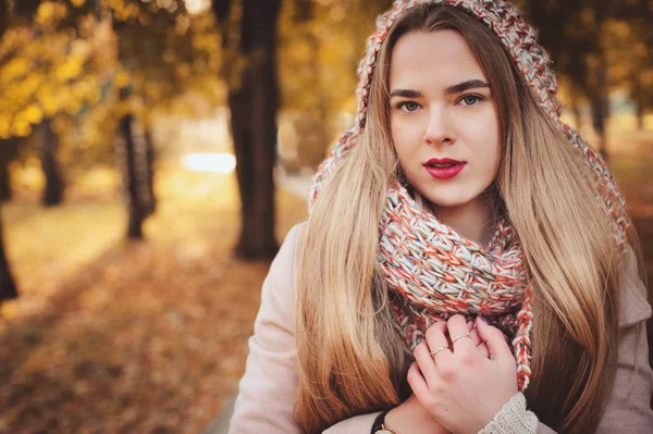 Retrato da jovem mulher bonita andando em roupa quente elegante no dia ensolarado de outono no parque, vestindo casaco rosa e snood de malha. Estilo de vida casual na cidade — Fotografia de Stock