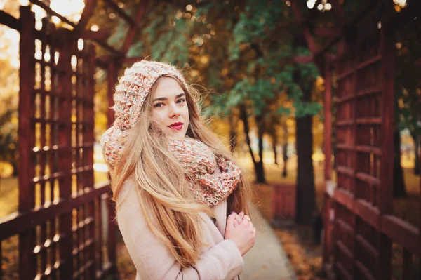 Potret wanita muda cantik berjalan dalam pakaian hangat gaya di musim gugur cerah hari di taman, mengenakan mantel merah muda dan snood rajutan. Gaya hidup santai di kota — Stok Foto