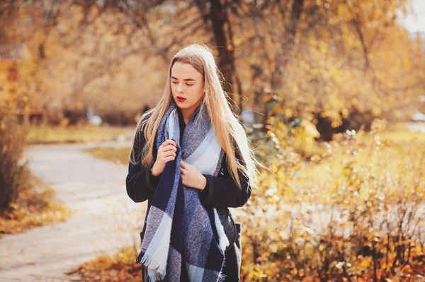 秋季室外休闲肖像的年轻漂亮的女人，走在公园里温馨时尚服装、 weraing 外套和围巾 — 图库照片