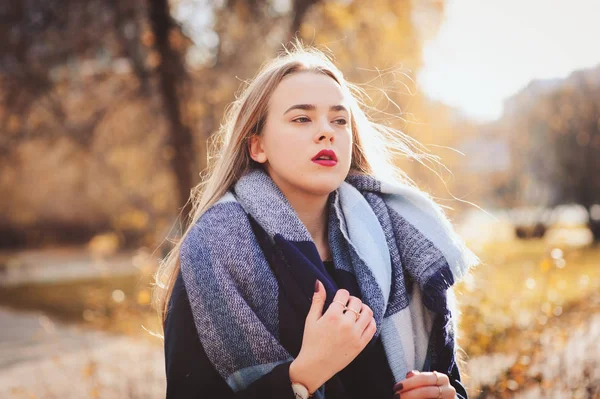 Осенний открытый случайный портрет молодой красивой женщины, гуляющей в парке в теплой одежде моды, пальто и шарф — стоковое фото