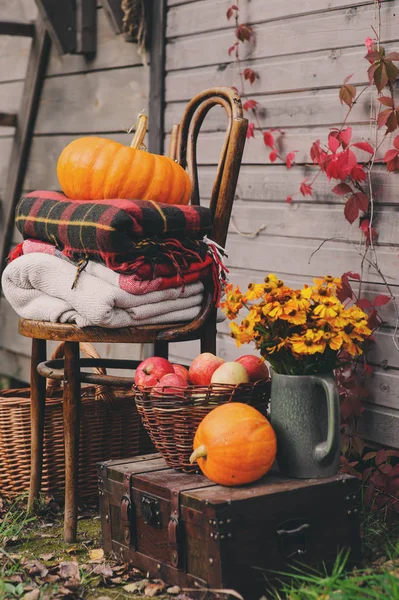 Fall at country house. Seasonal decorations with pumpkins, fresh apples and flowers. Autumn harvest at farm. — Stock Photo, Image