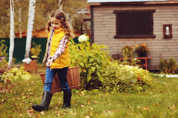 Niña feliz jugando pequeño jardinero en otoño y recogiendo hojas en la cesta. Trabajos de jardinería estacional . — Foto de Stock