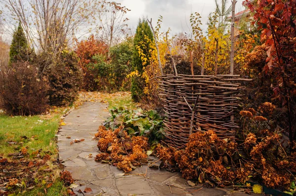 Caminando en el jardín de noviembre. Vista de finales de otoño con valla rústica y camino de piedra — Foto de Stock