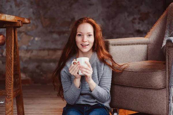 Happy Young Readhead Woman Drinking Hot Coffee Tea Home Calm — Stock Photo, Image