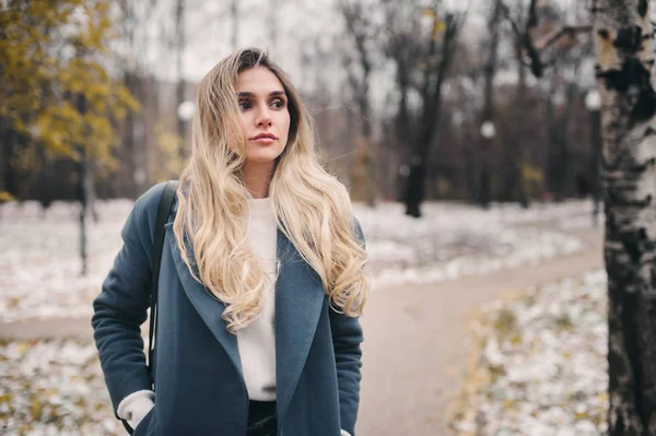 winter portrait of young woman walking in snowy city park in warm grey coat