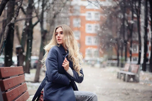 雪の日の街の通りを歩いて 温かみのあるグレーのコートを身に着けている若い女性の冬の肖像 — ストック写真
