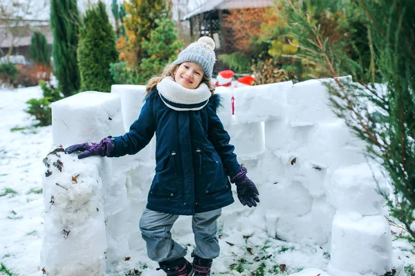 Happy Kid Girl Building Snow Castle Winter Holidays Seasonal Outdoor — Stock Photo, Image