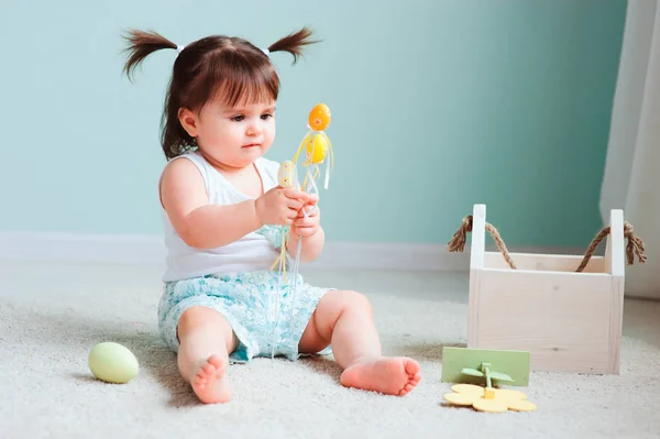 Close Indoor Portrait Cute Happy Baby Girl Playing Easter Decorations — Stock Photo, Image