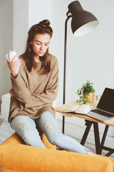 Indoor Portrait Beautiful Feminine Thoughtful Young Women Alone Room Cup — Stock Photo, Image