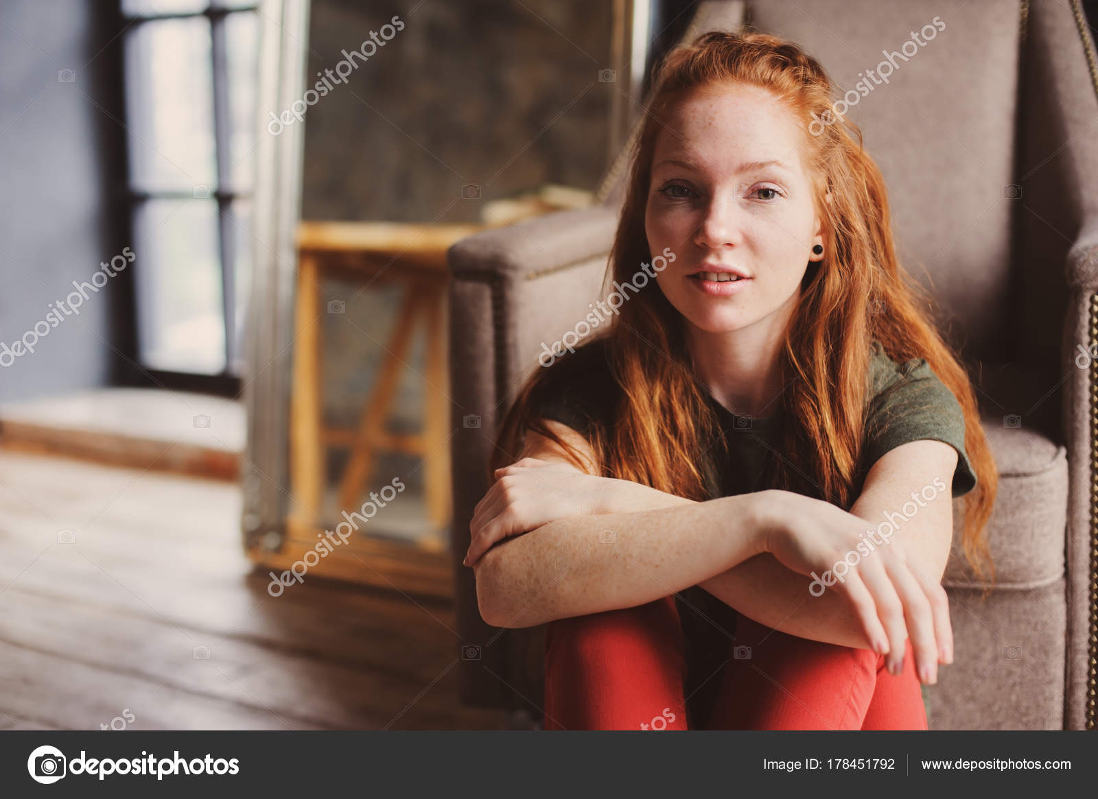 Young Beautiful Redhead Hipster Woman Make Relaxing Home Youth