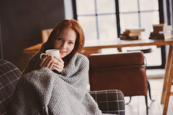 Young Sick Woman Healing Hot Drink Home Cozy Couch Wrapped — Stock Photo, Image