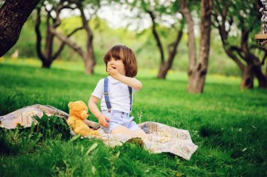 yakışıklı şık 3 yaşında yürümeye başlayan çocuk çocuk komik surat bahar ya da yaz Bahçe veya park piknik sweets zevk ve onun oyuncak ayı besleme jartiyer ile