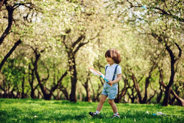 Happy Years Old Child Boy Catching Butterflies Net Walk Sunny — Stock Photo, Image