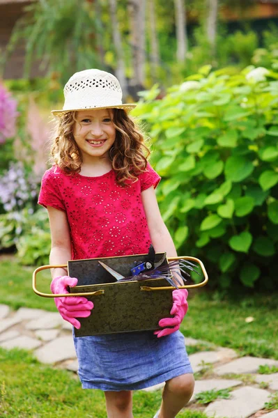 Happy Child Girl Playing Little Gardener Helping Summer Garden Wearing — Stock Photo, Image