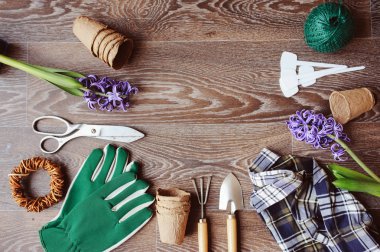 bahar çiçekleri üstten görünüm dikim için hazırlıklar. Bahçıvan eldivenleri, çiçek, Bahçe etiket, turba tencere ve araçları ile mevsimlik tablo. Düz kopya alanı ile yatıyordu.