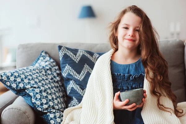 Child Girl Drinking Hot Tea Recover Flu Healing Kids Protect — Stock Photo, Image