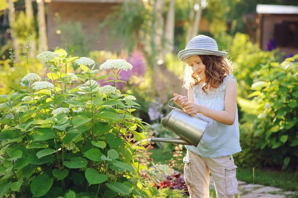 Niño Feliz Jugando Pequeño Jardinero Regando Hortensias Soleado Jardín Verano — Foto de Stock