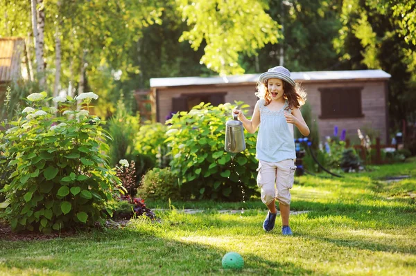 Happy Funny Child Girl Gardener Hat Playing Watering Can Sunny — Stock Photo, Image