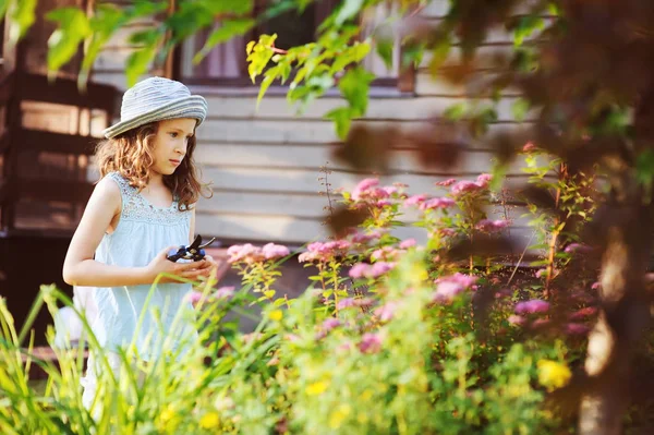 Little Gardener Child Girl Helping Trim Cut Spirea Bush Summer — Stock Photo, Image