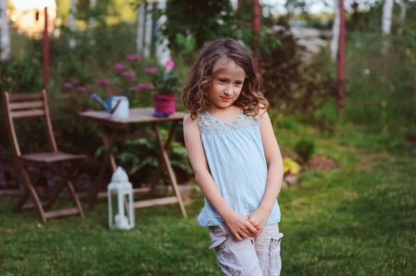 Happy Dreamy Kid Girl Playing Summer Garden Decorated Lantern Light — Stock Photo, Image