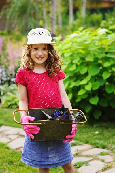 Happy Child Girl Playing Little Gardener Helping Summer Garden Wearing — Stock Photo, Image