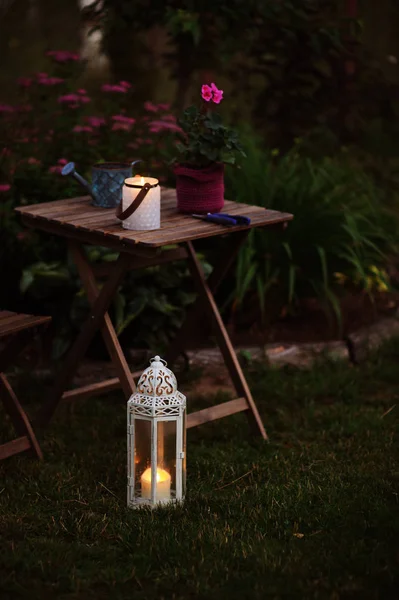 Acogedor Jardín Nocturno Escena Verano Con Luz Vela Flor Geranio —  Fotos de Stock