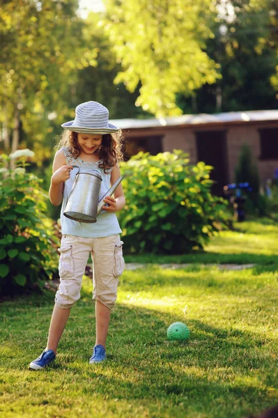Vertical Portrait Happy Child Girl Gardener Hat Playing Watering Can — Stock Photo, Image