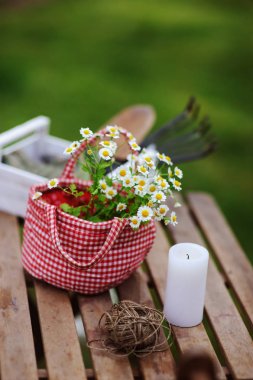garden work still life in summer. Chamomile flowers in red handmade bag, gloves and toold on wooden table outdoor in sunny day clipart