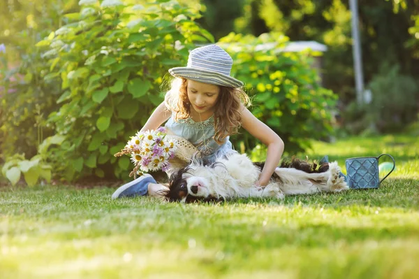 Child Girl Playing Her Spaniel Dog Summer Garden Both Wearing — Stock Photo, Image